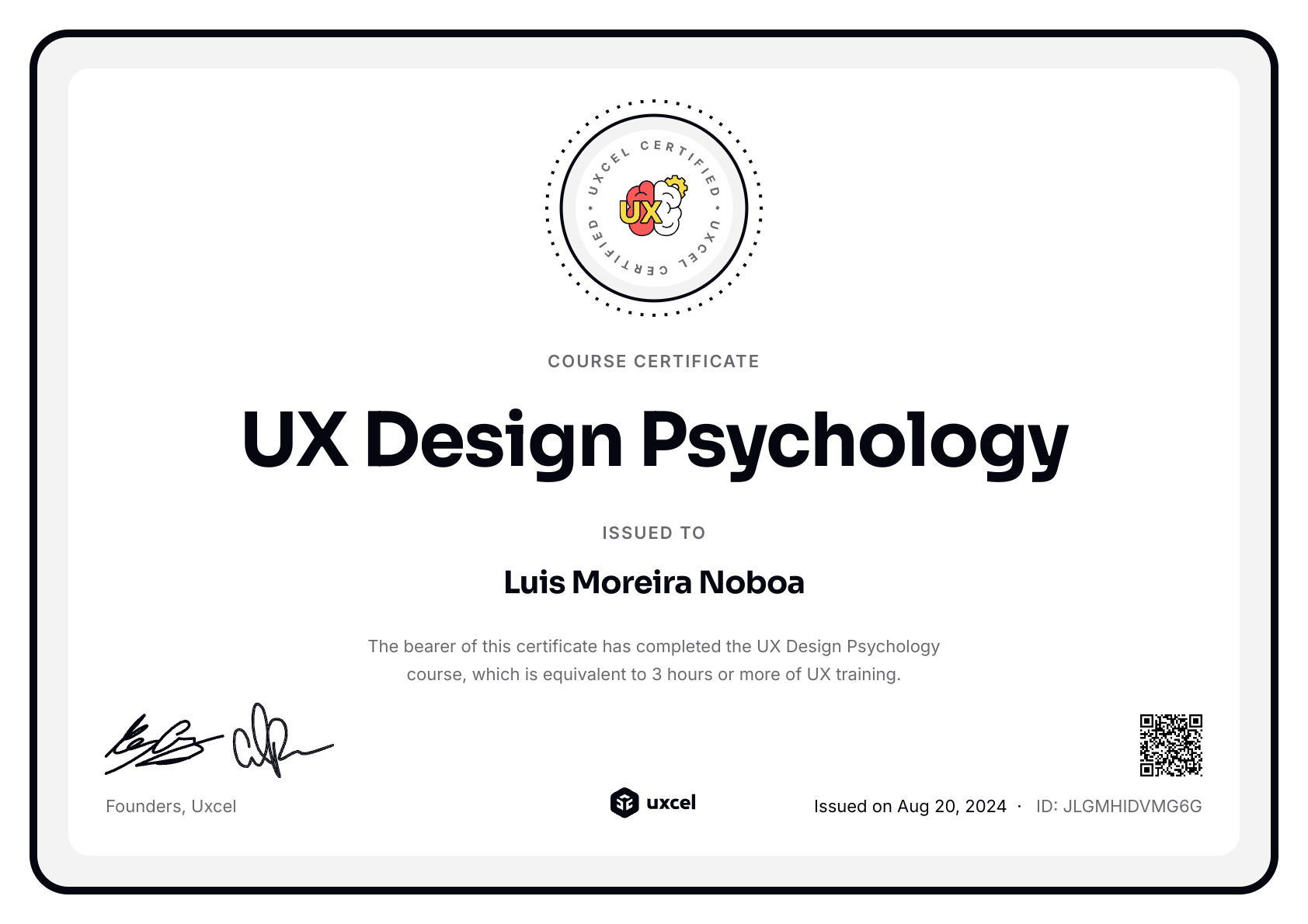 Luis Moreira Noboa's certificate